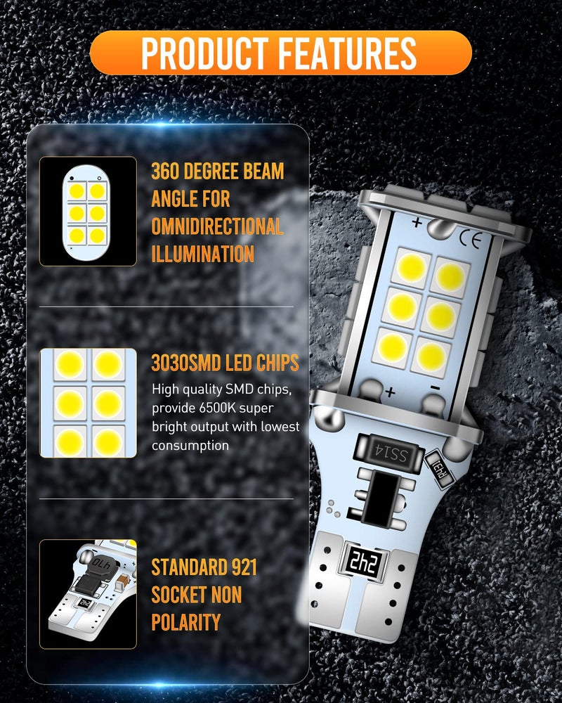 LUYED 921 912 LED Bulb Xenon White for Backup Reverse Lights 3100 Lumens 300% Brightness T15 906 W16W LED Bulbs Non-polarity Canbus Error Free,Pack of 2 - Image 3